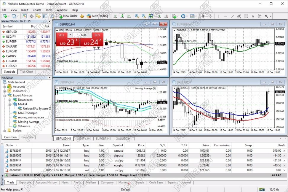 Interface de la plateforme de trading en ligne Metatrader 4